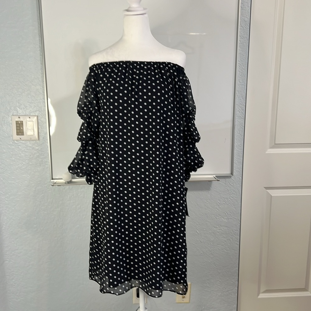 NWT MSK Black polka dot swing dress. Option for off the shoulder. Large - Picture 2 of 5